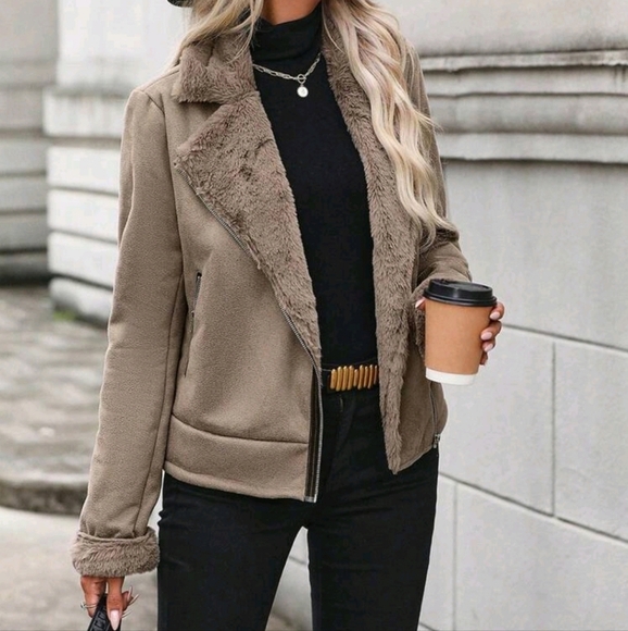 Borg Collar Zip Up Moto Jacket - Picture 4 of 5